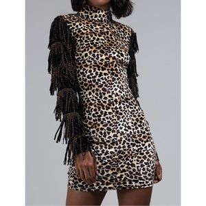 Bashful Monster Velvet Leopard Fringe Sleeve Dress